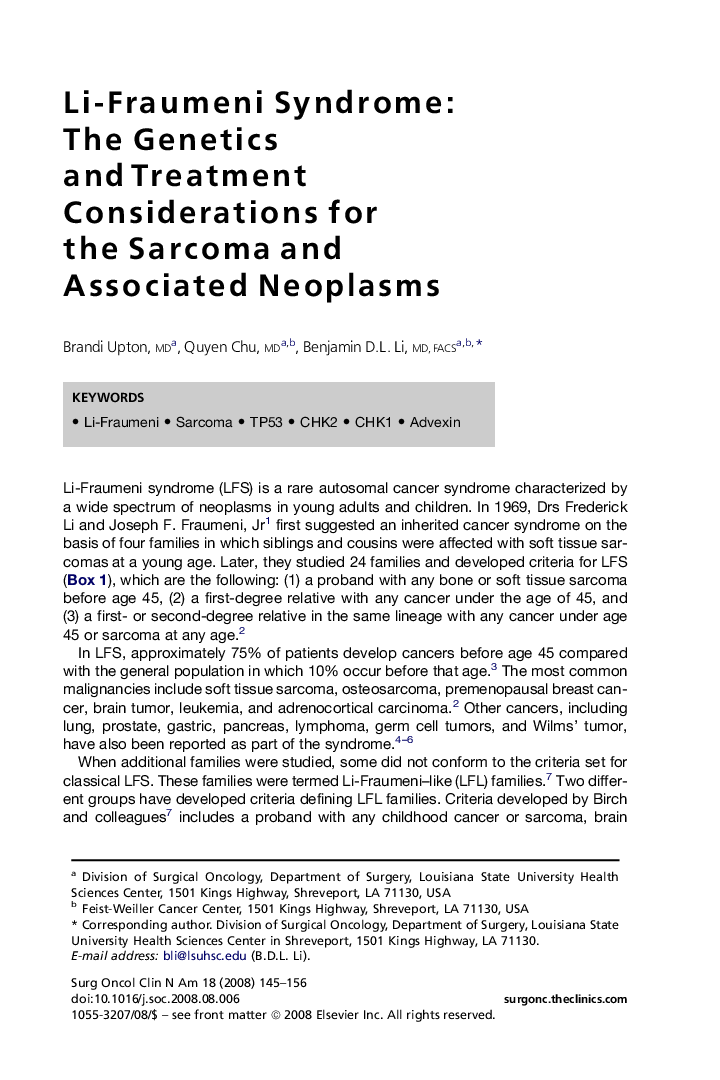 Li-Fraumeni Syndrome: The Genetics and Treatment Considerations for the Sarcoma and Associated Neoplasms