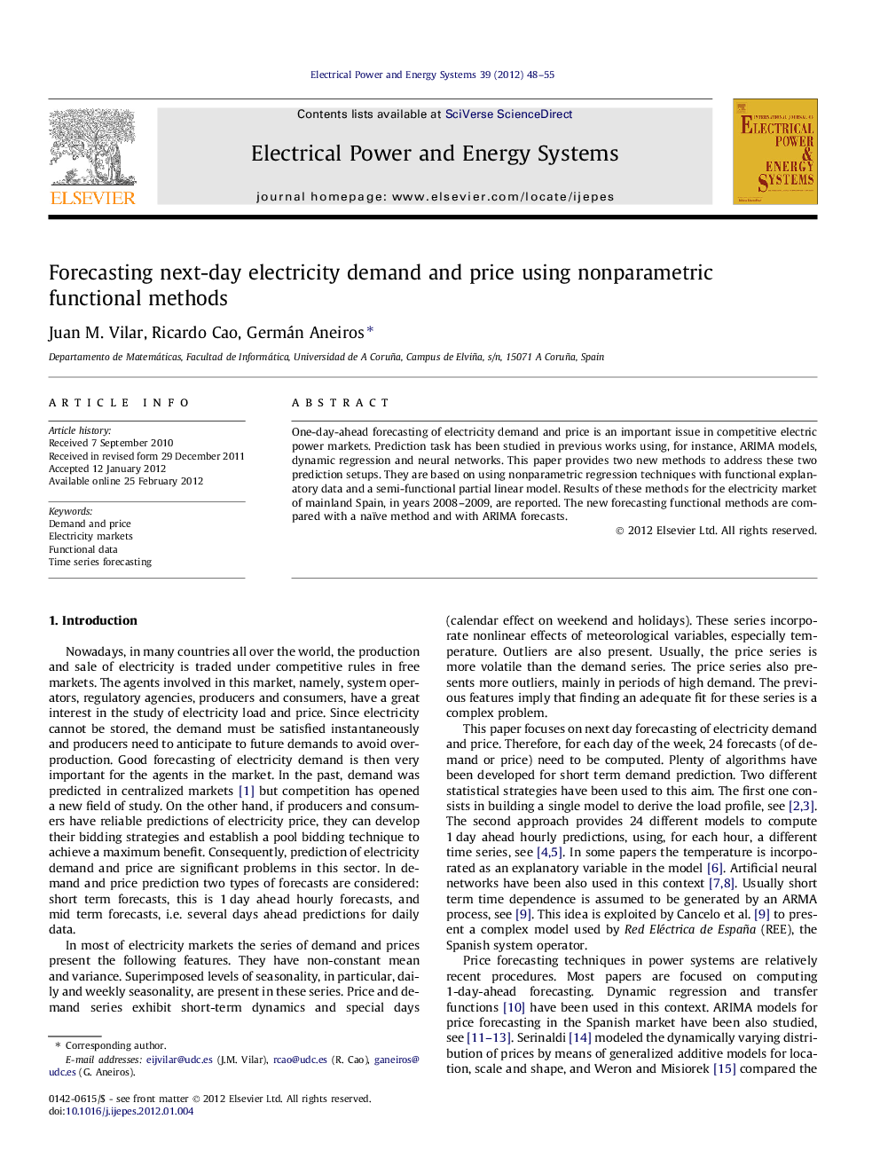 Forecasting next-day electricity demand and price using nonparametric functional methods