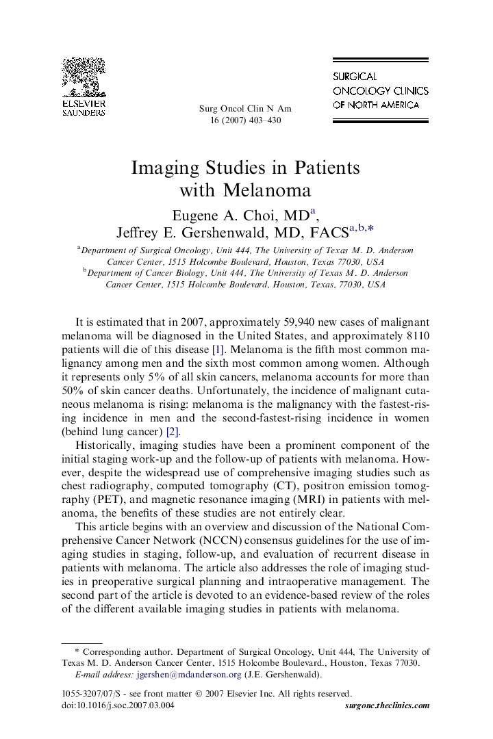 Imaging Studies in Patients with Melanoma