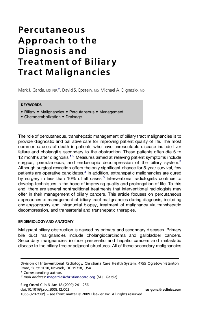 Percutaneous Approach to the Diagnosis and Treatment of Biliary Tract Malignancies