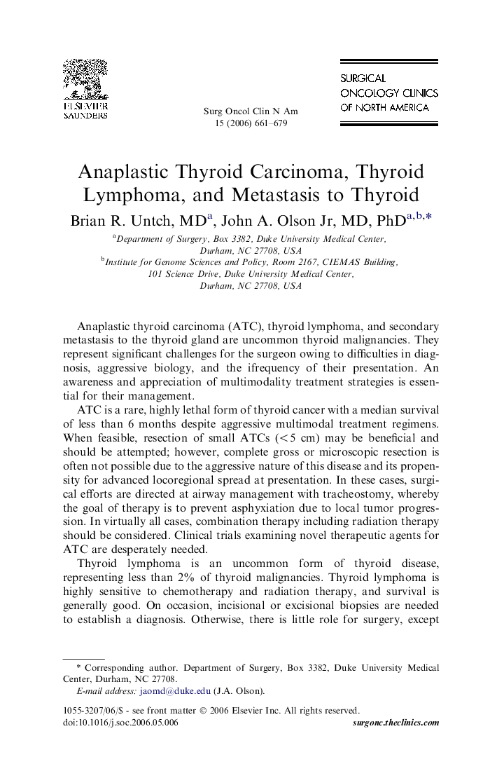 Anaplastic Thyroid Carcinoma, Thyroid Lymphoma, and Metastasis to Thyroid