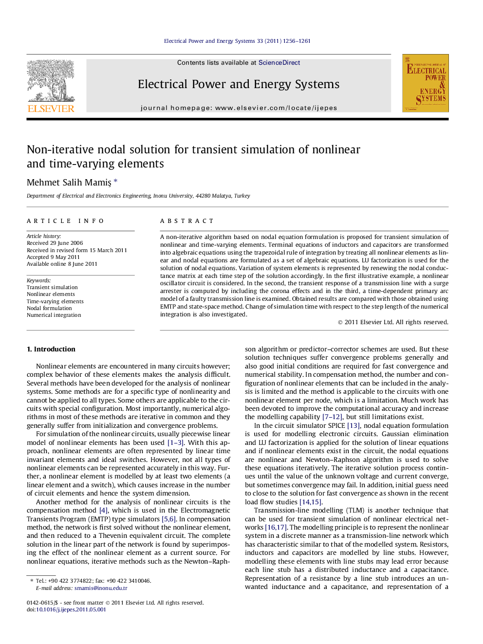 Non-iterative nodal solution for transient simulation of nonlinear and time-varying elements