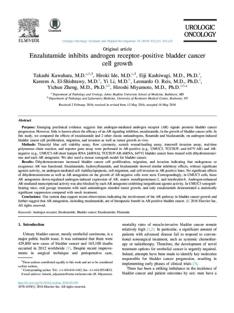 Enzalutamide inhibits androgen receptor-positive bladder cancer cell growth