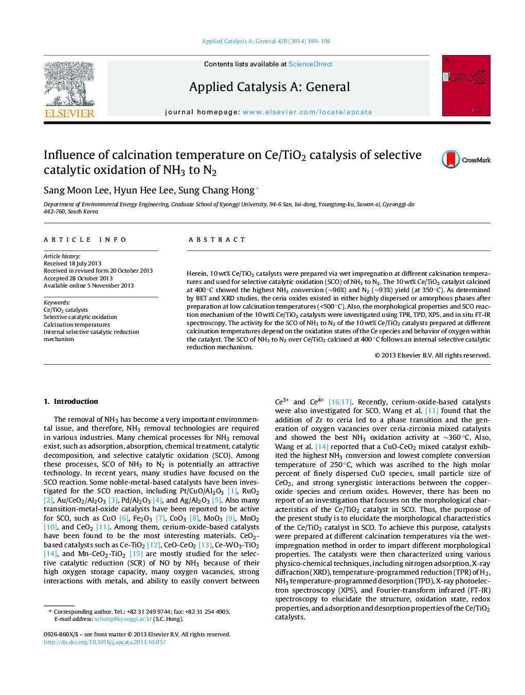 Influence of calcination temperature on Ce/TiO2 catalysis of selective catalytic oxidation of NH3 to N2