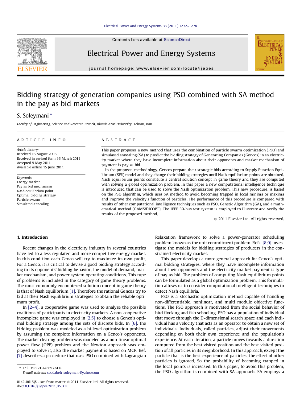 Bidding strategy of generation companies using PSO combined with SA method in the pay as bid markets