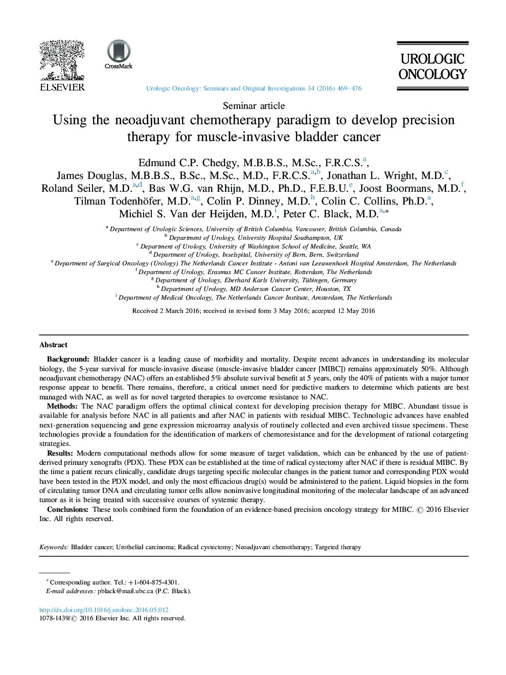 Using the neoadjuvant chemotherapy paradigm to develop precision therapy for muscle-invasive bladder cancer