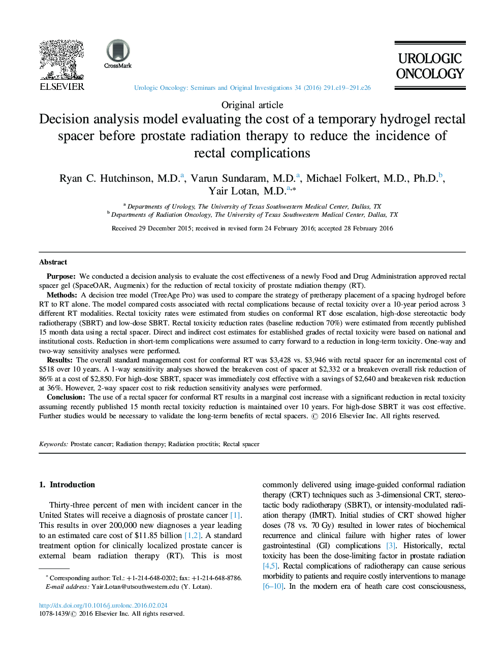 Decision analysis model evaluating the cost of a temporary hydrogel rectal spacer before prostate radiation therapy to reduce the incidence of rectal complications