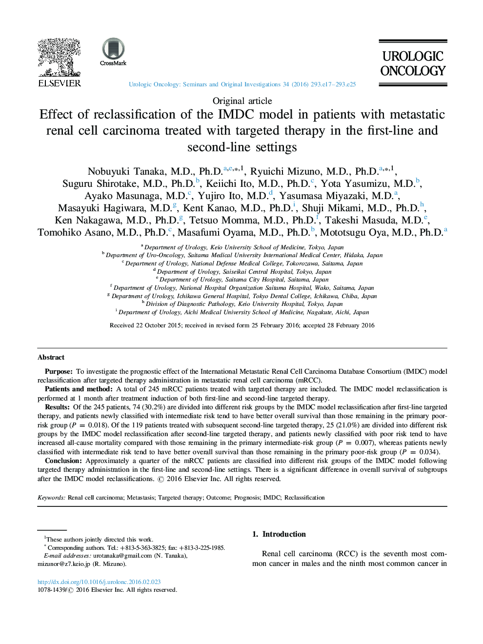 Effect of reclassification of the IMDC model in patients with metastatic renal cell carcinoma treated with targeted therapy in the first-line and second-line settings