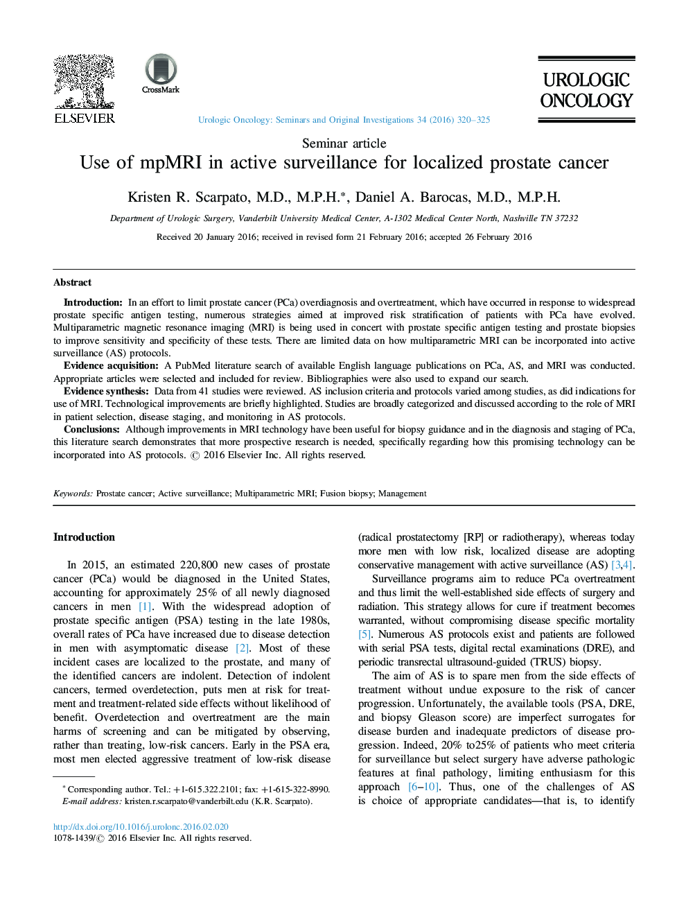 Use of mpMRI in active surveillance for localized prostate cancer