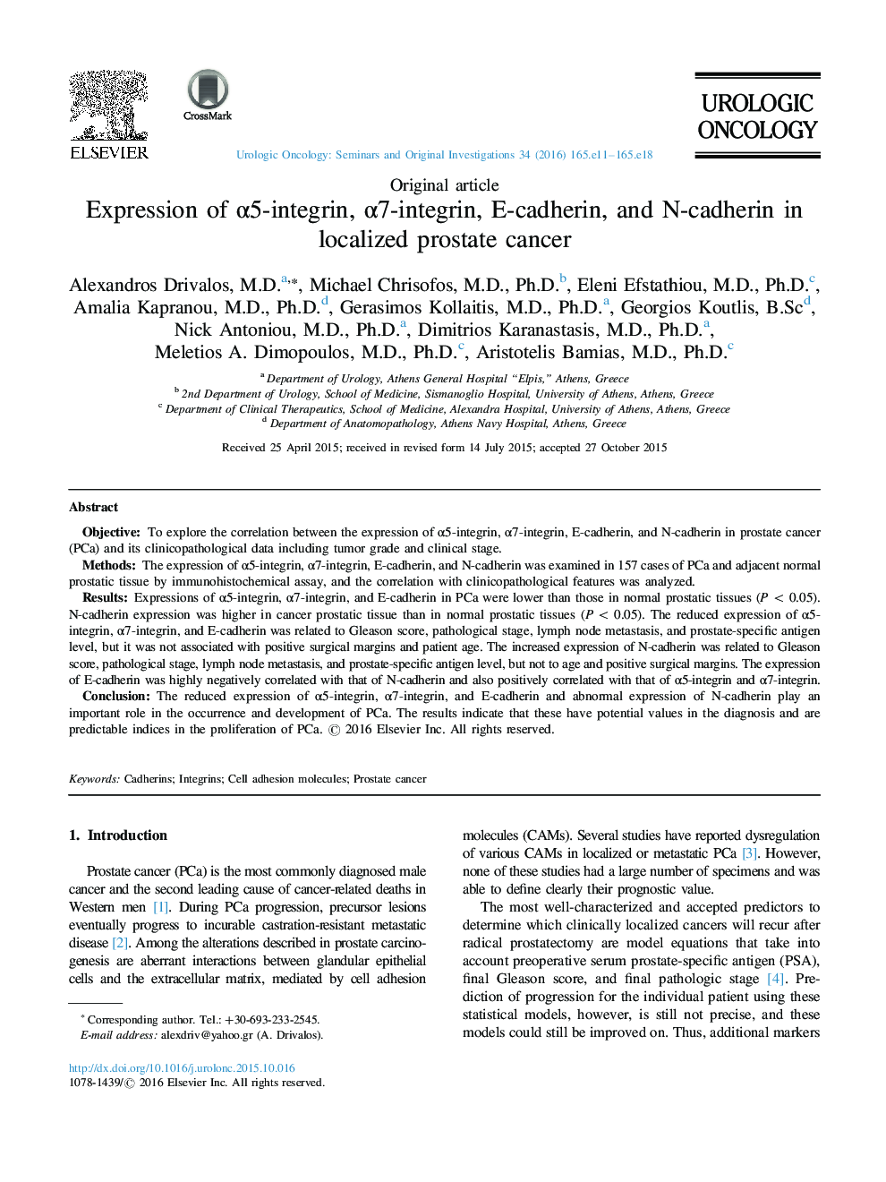 Expression of Î±5-integrin, Î±7-integrin, Î-cadherin, and N-cadherin in localized prostate cancer