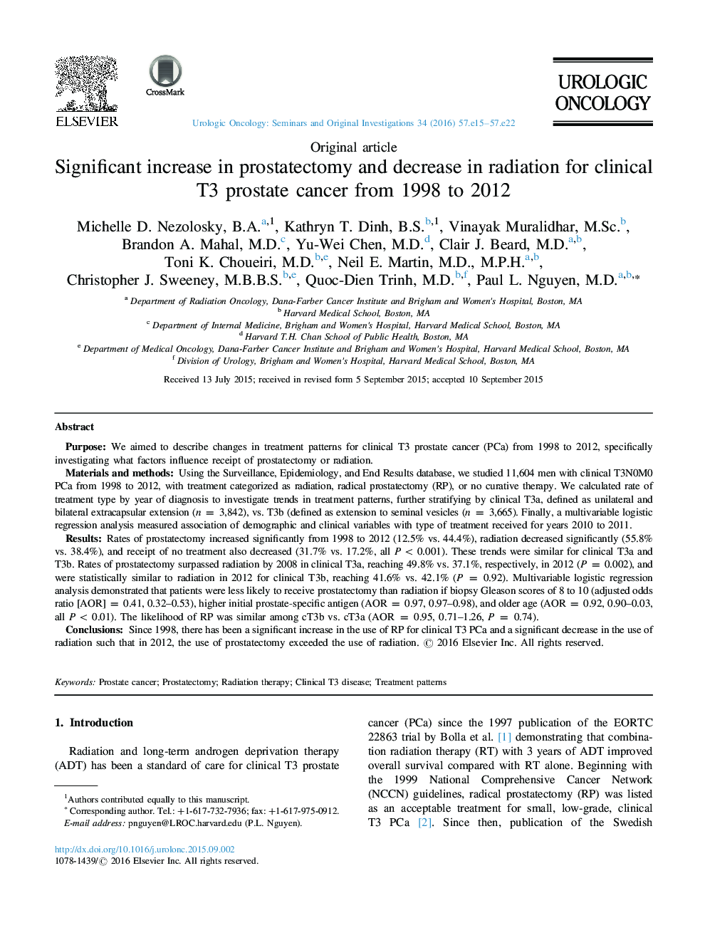 Significant increase in prostatectomy and decrease in radiation for clinical T3 prostate cancer from 1998 to 2012