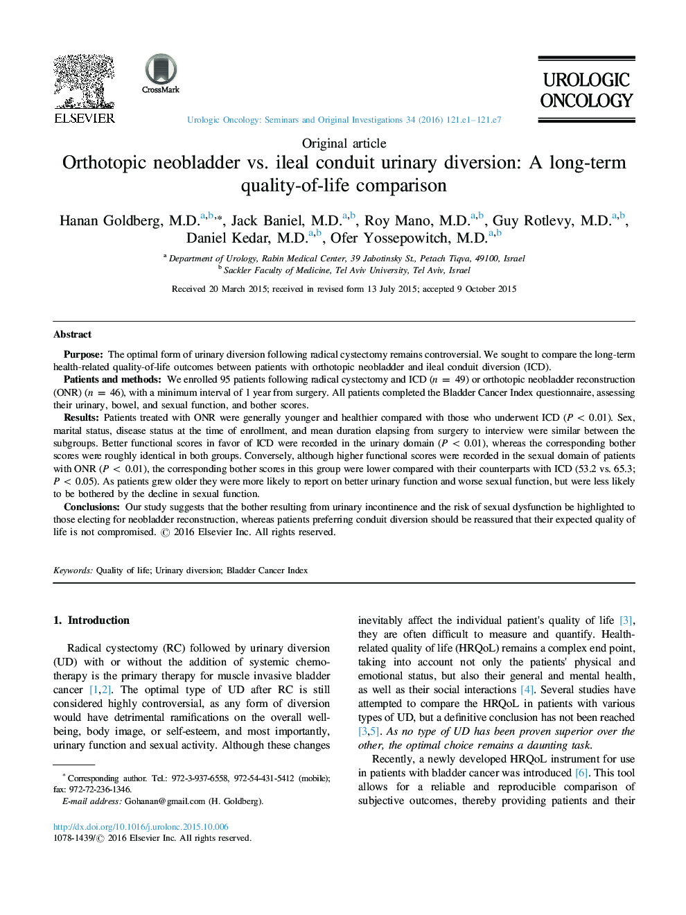 Orthotopic neobladder vs. ileal conduit urinary diversion: A long-term quality-of-life comparison