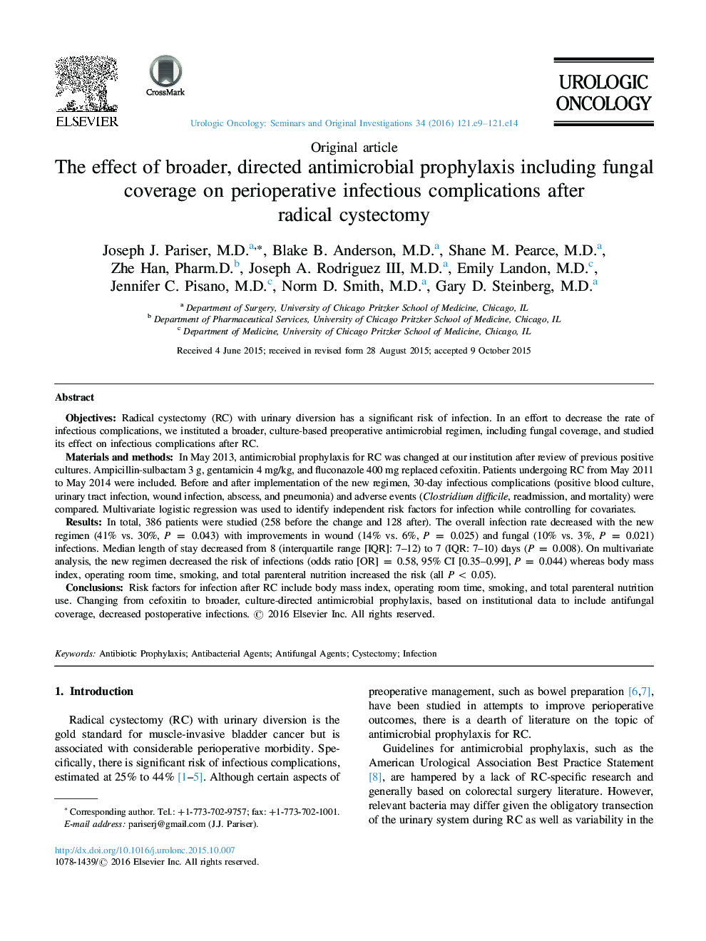 The effect of broader, directed antimicrobial prophylaxis including fungal coverage on perioperative infectious complications after radical cystectomy