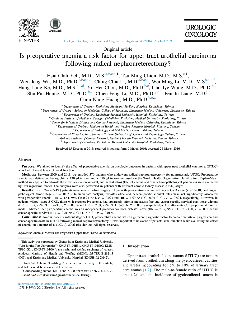 Is preoperative anemia a risk factor for upper tract urothelial carcinoma following radical nephroureterectomy?