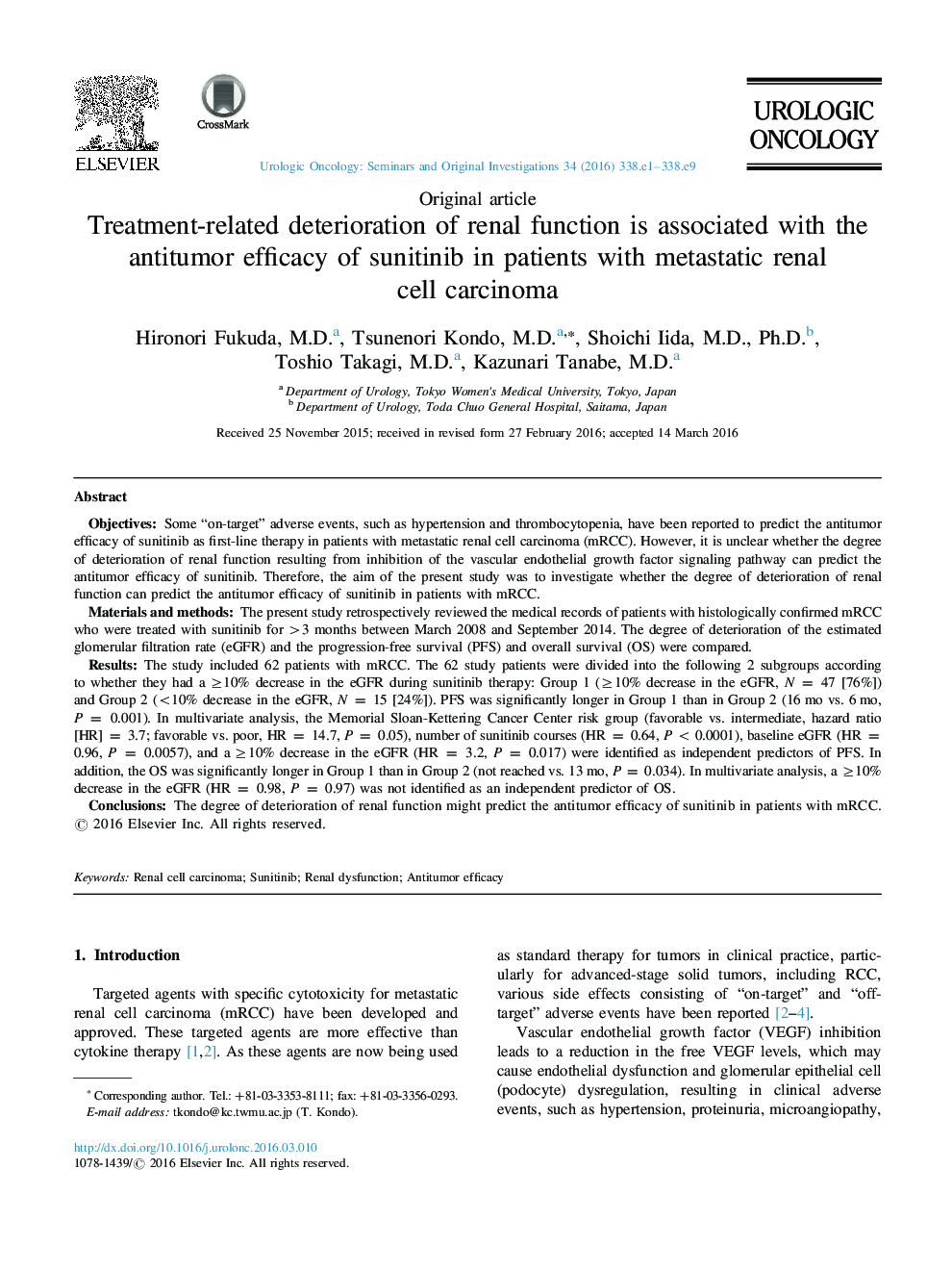 Treatment-related deterioration of renal function is associated with the antitumor efficacy of sunitinib in patients with metastatic renal cell carcinoma