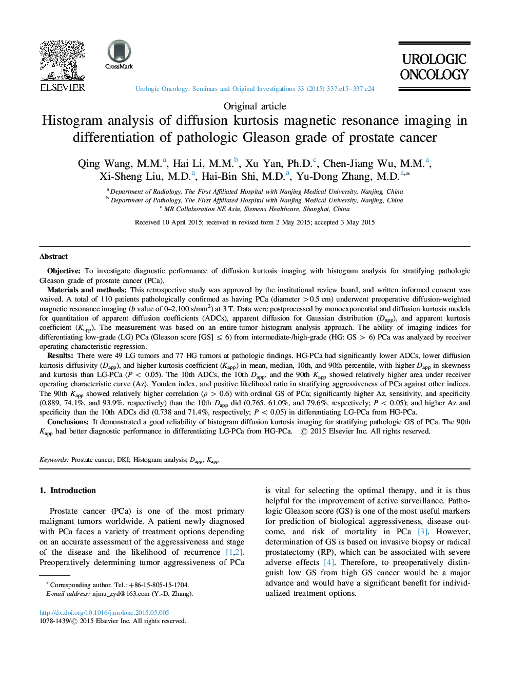 تجزیه و تحلیل هیستوگرام تصویربرداری رزونانس مغناطیسی اسپکتروسکوپی در تشخیص درجه گلیسون پاتولوژیک سرطان پروستات 