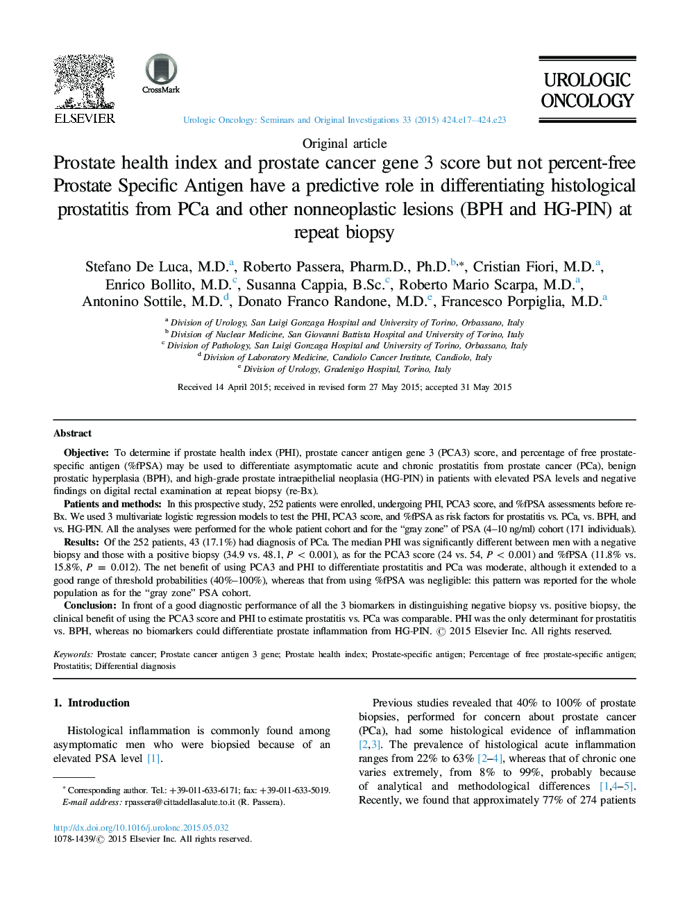 Prostate health index and prostate cancer gene 3 score but not percent-free Prostate Specific Antigen have a predictive role in differentiating histological prostatitis from PCa and other nonneoplastic lesions (BPH and HG-PIN) at repeat biopsy