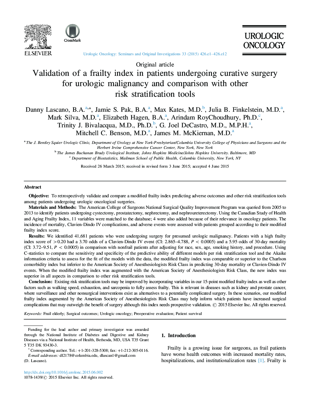 Validation of a frailty index in patients undergoing curative surgery for urologic malignancy and comparison with other risk stratification tools