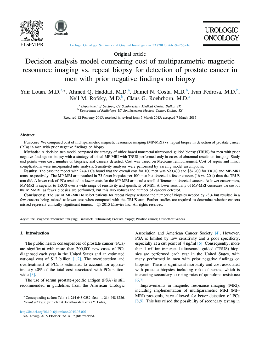 Decision analysis model comparing cost of multiparametric magnetic resonance imaging vs. repeat biopsy for detection of prostate cancer in men with prior negative findings on biopsy