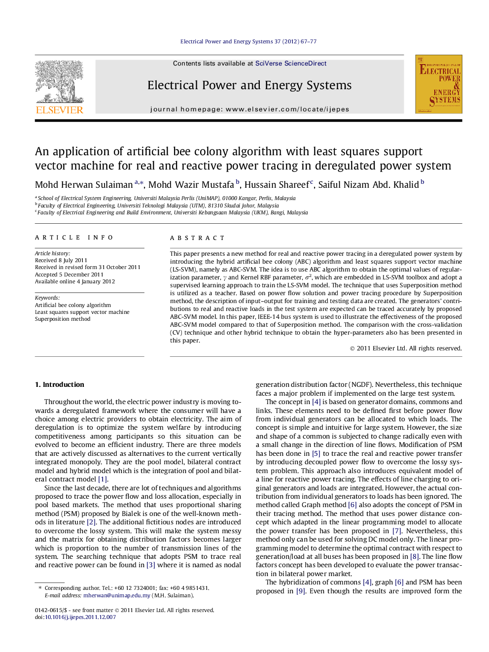 An application of artificial bee colony algorithm with least squares support vector machine for real and reactive power tracing in deregulated power system