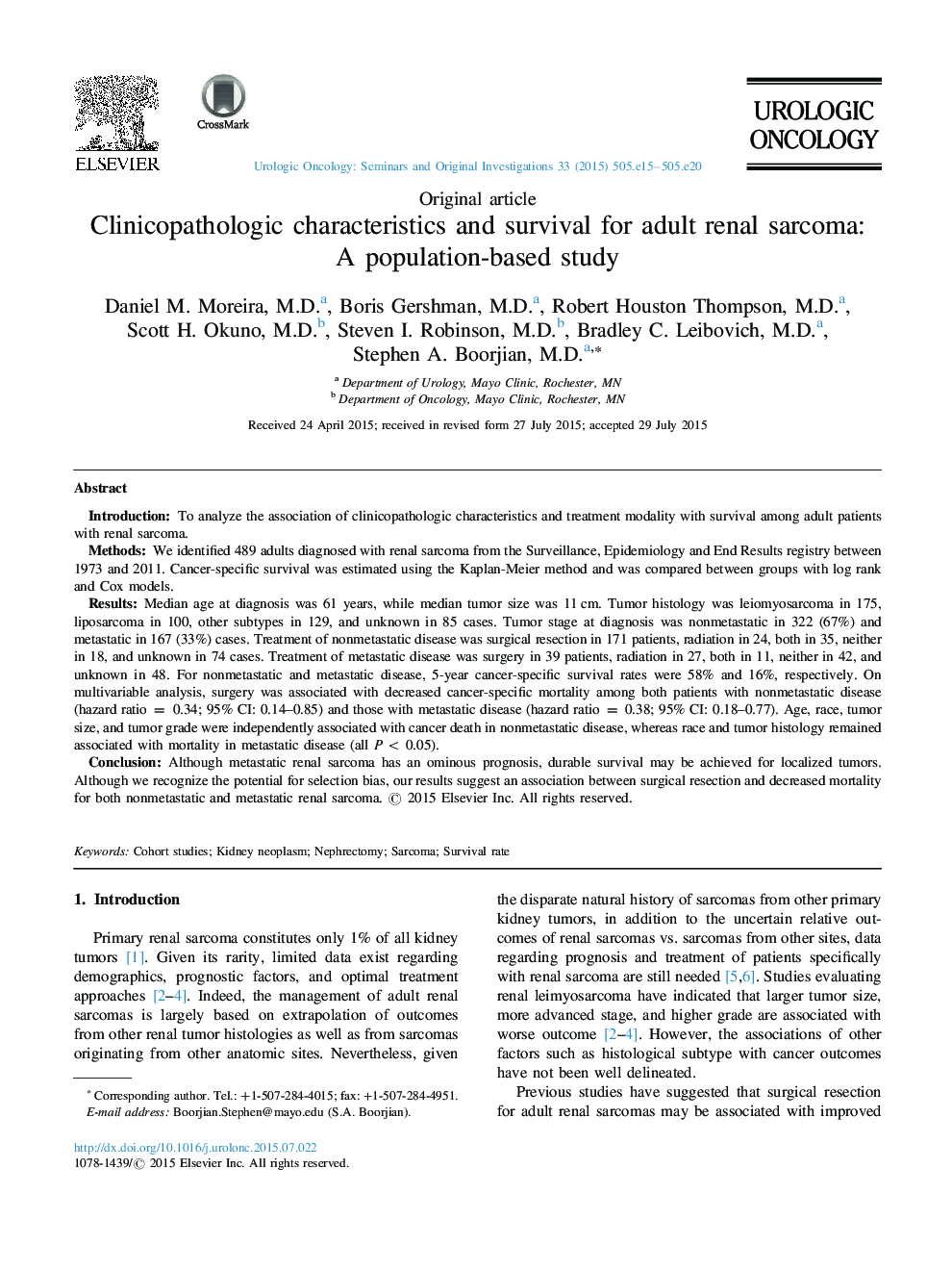 ویژگی های کلینیکوپاتولوژیک و بقا برای سارکوم کلیوی بالغ: یک مطالعه مبتنی بر جمعیت 