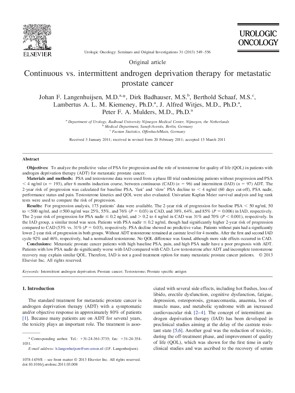 Continuous vs. intermittent androgen deprivation therapy for metastatic prostate cancer