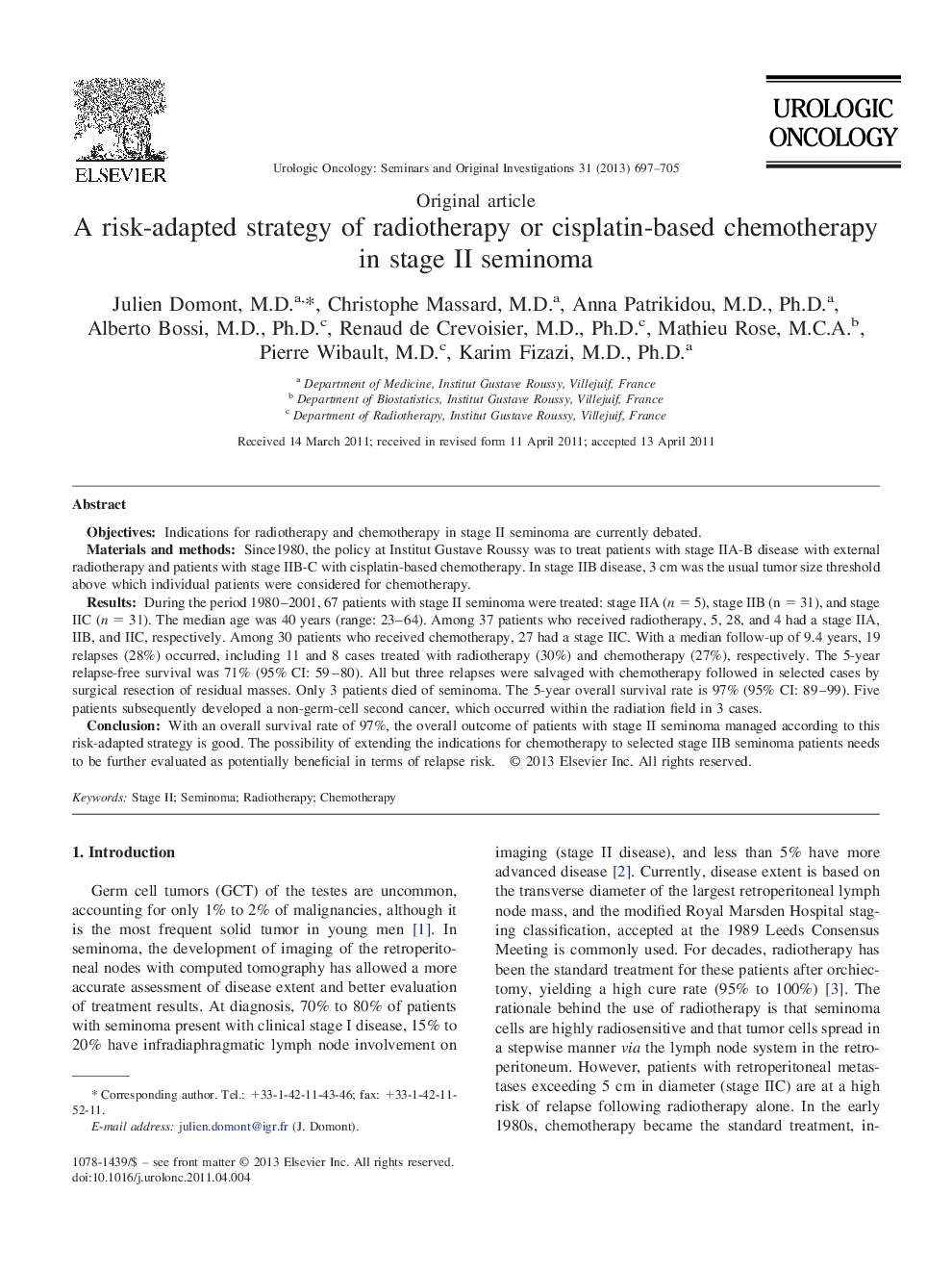 A risk-adapted strategy of radiotherapy or cisplatin-based chemotherapy in stage II seminoma