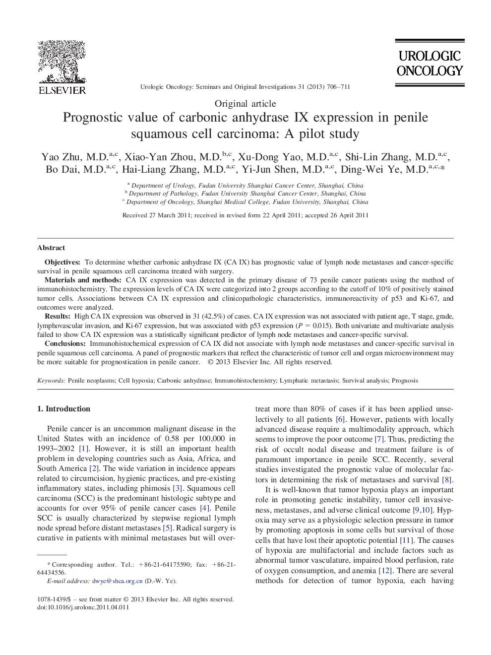 Prognostic value of carbonic anhydrase IX expression in penile squamous cell carcinoma: A pilot study