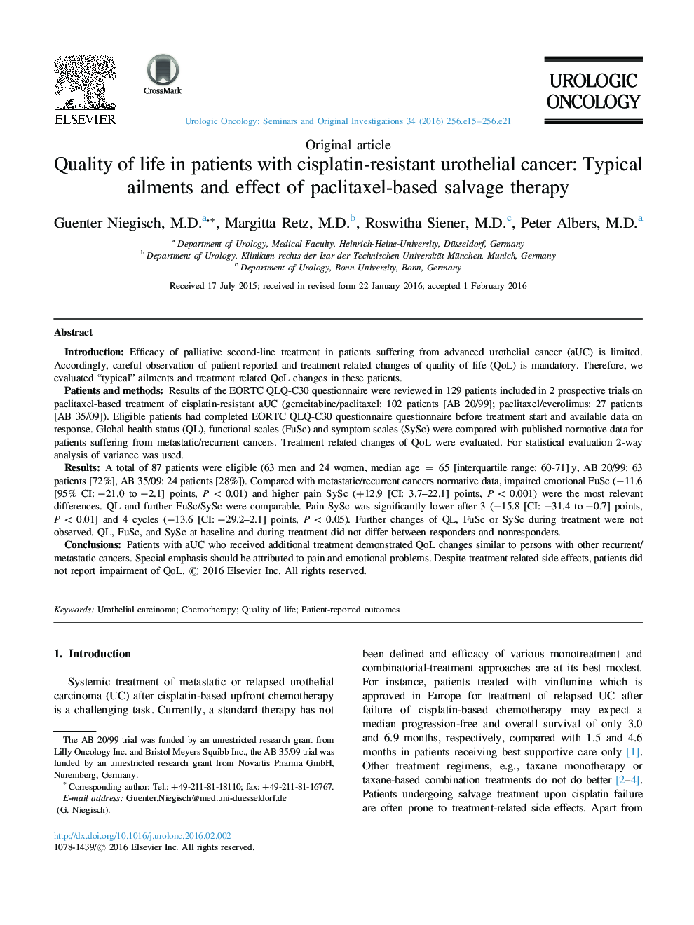 کیفیت زندگی بیماران مبتلا به سرطان سرولوئید مقاوم به سیس پلاتین: بیماری های طبیعی و تاثیر درمان جایگزین مبتنی بر پلاکتکسل 