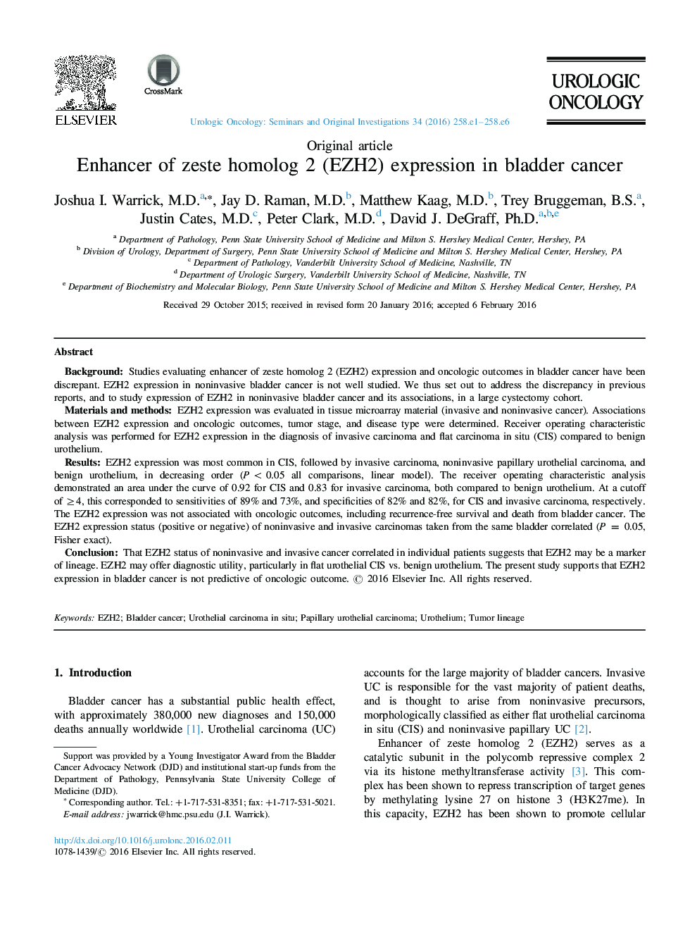 Enhancer of zeste homolog 2 (EZH2) expression in bladder cancer