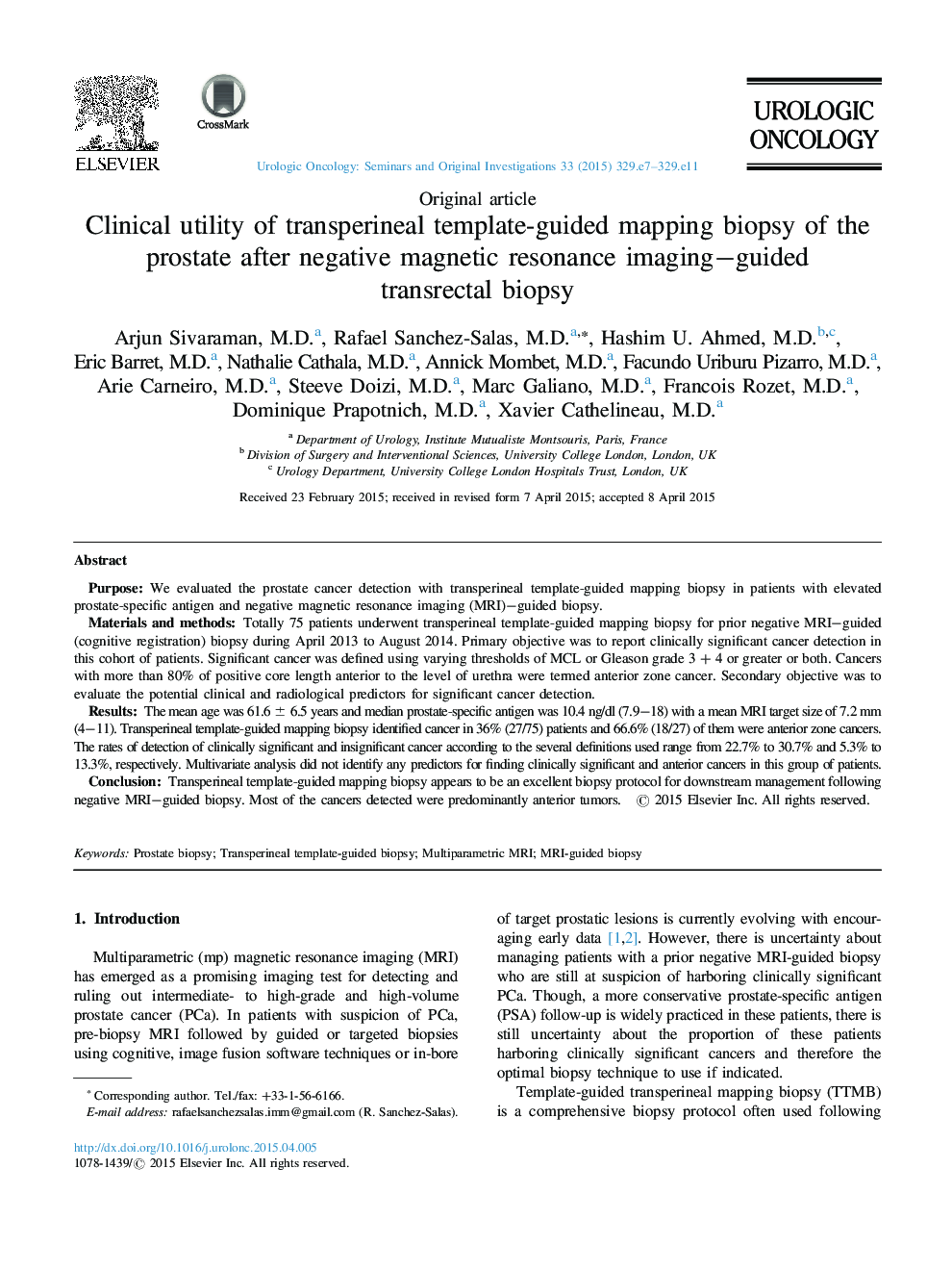 Clinical utility of transperineal template-guided mapping biopsy of the prostate after negative magnetic resonance imagingâguided transrectal biopsy