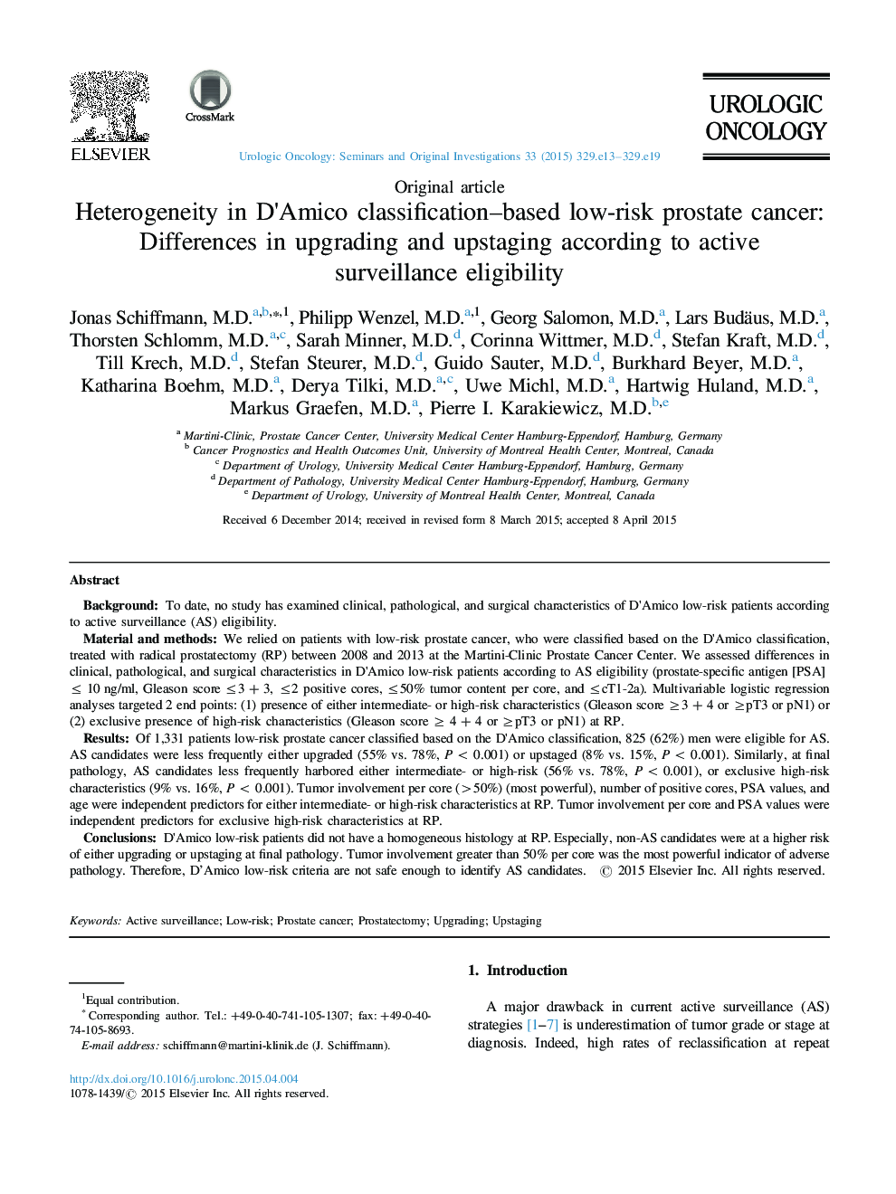 Heterogeneity in D×³Amico classification-based low-risk prostate cancer: Differences in upgrading and upstaging according to active surveillance eligibility