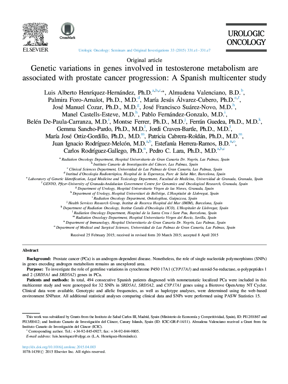 تنوع ژنتیکی در ژن های متابولیسم تستوسترون با پیشرفت سرطان پروستات همراه است: مطالعه چند کانونی اسپانیایی 