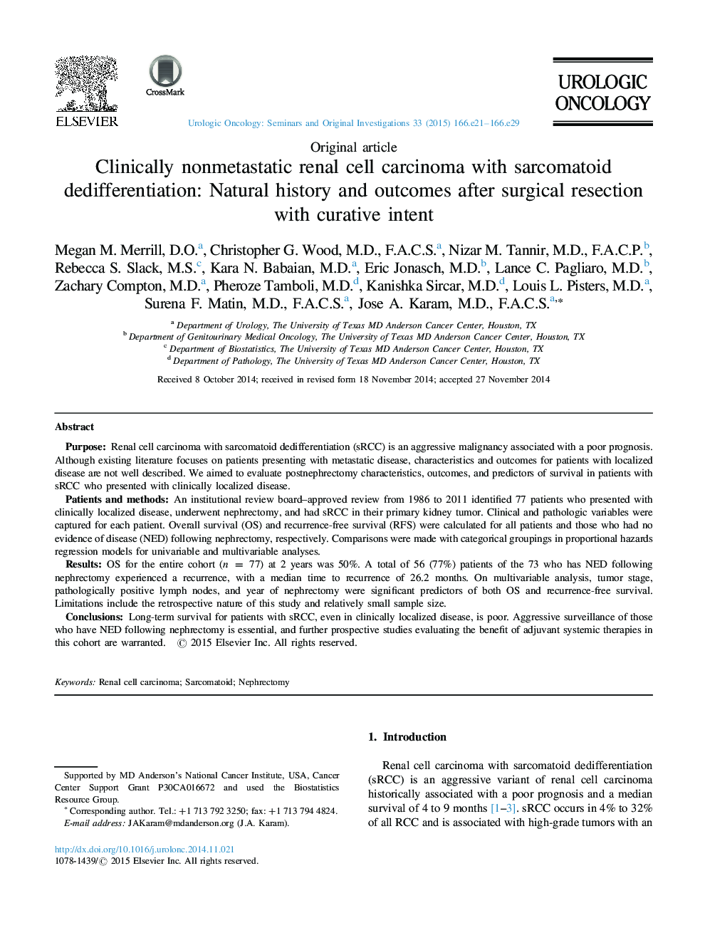 Clinically nonmetastatic renal cell carcinoma with sarcomatoid dedifferentiation: Natural history and outcomes after surgical resection with curative intent