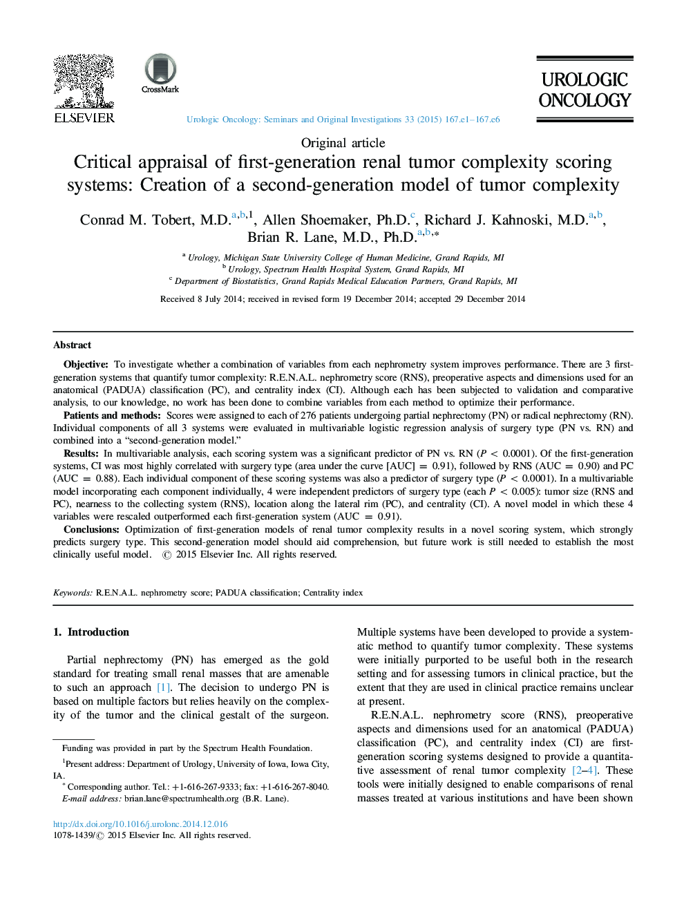 Critical appraisal of first-generation renal tumor complexity scoring systems: Creation of a second-generation model of tumor complexity