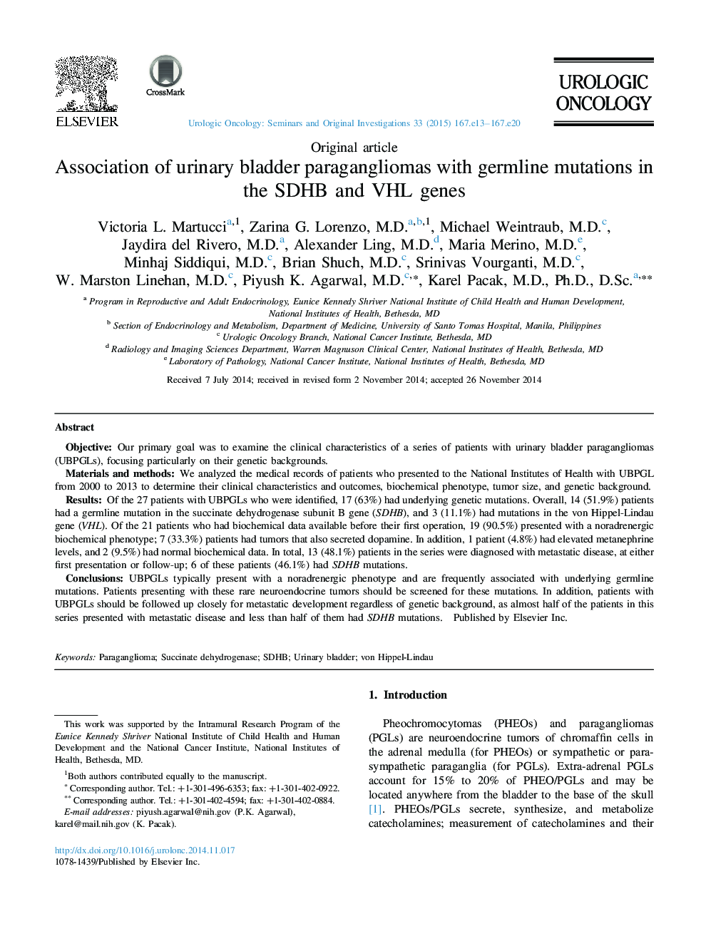 Association of urinary bladder paragangliomas with germline mutations in the SDHB and VHL genes