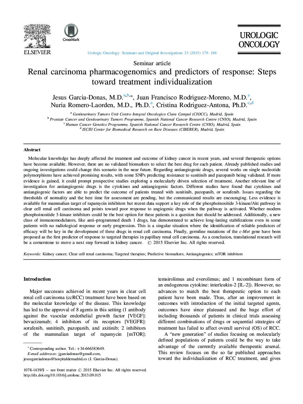 Renal carcinoma pharmacogenomics and predictors of response: Steps toward treatment individualization