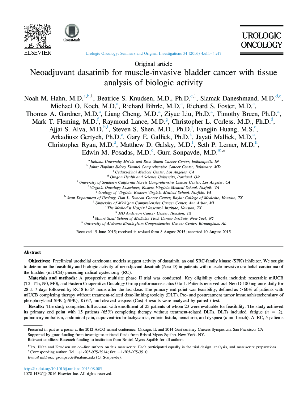 Neoadjuvant dasatinib for muscle-invasive bladder cancer with tissue analysis of biologic activity ★