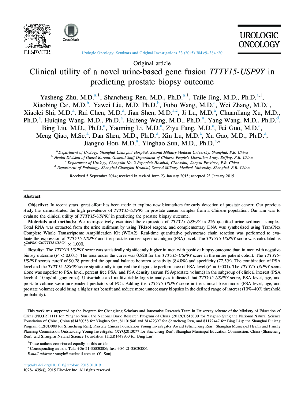 Clinical utility of a novel urine-based gene fusion TTTY15-USP9Y in predicting prostate biopsy outcome