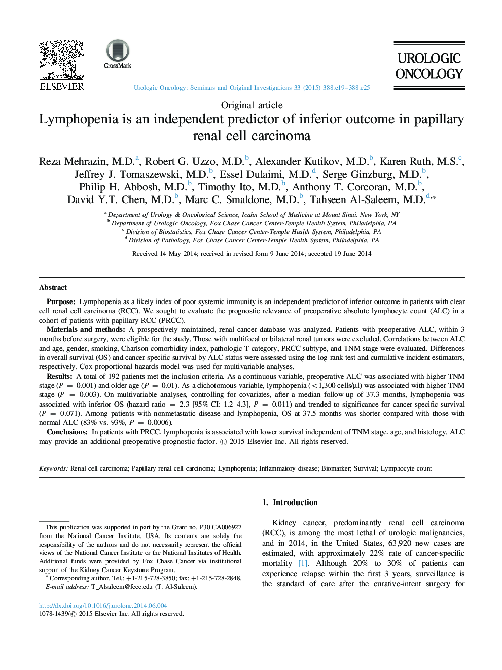 Lymphopenia is an independent predictor of inferior outcome in papillary renal cell carcinoma