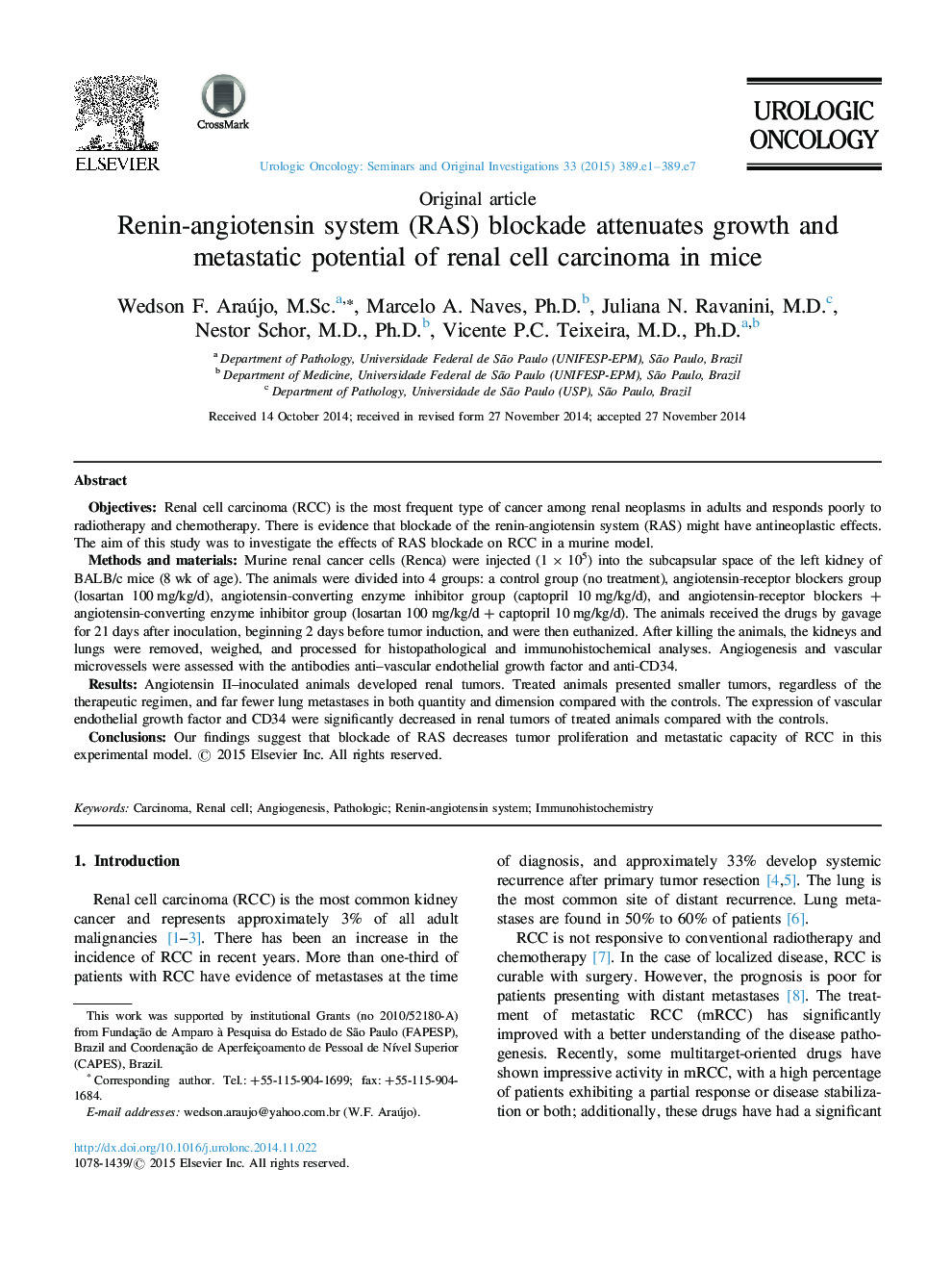 Renin-angiotensin system (RAS) blockade attenuates growth and metastatic potential of renal cell carcinoma in mice