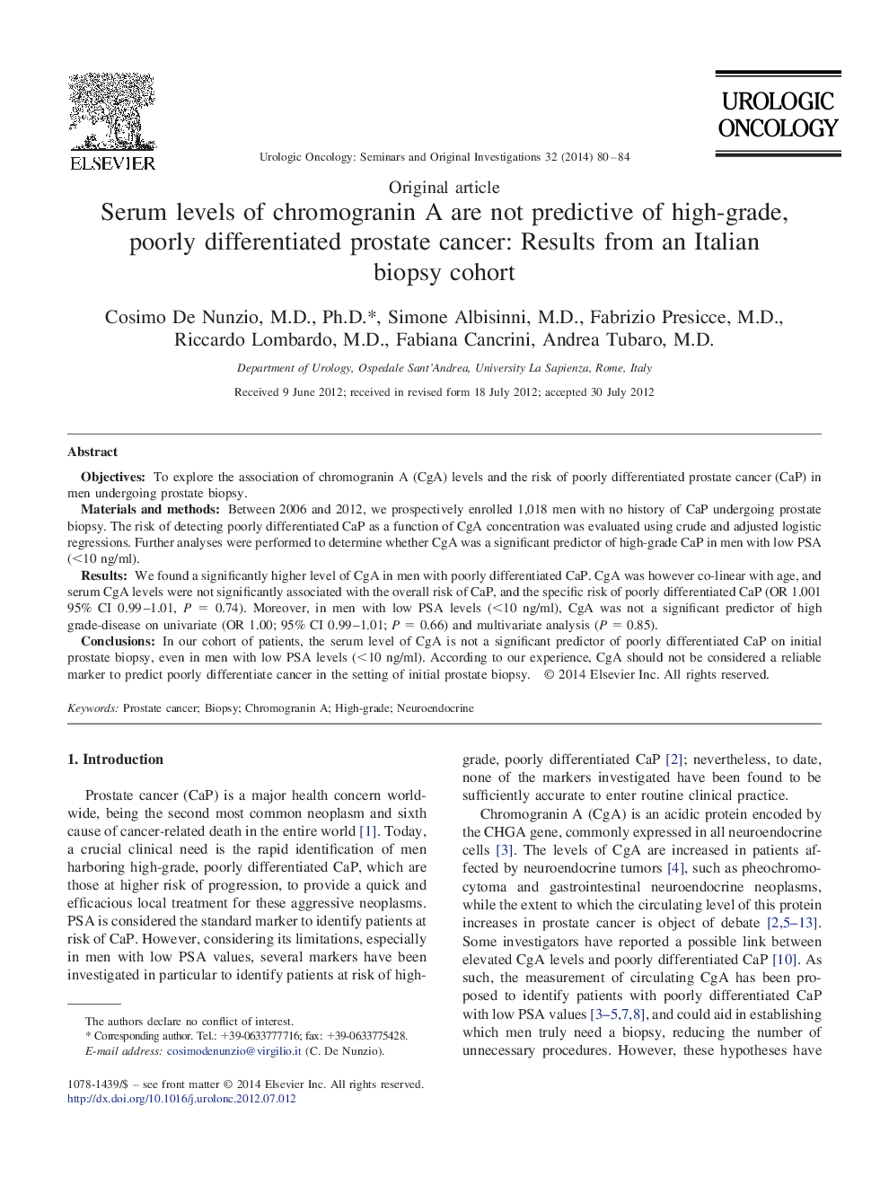 Serum levels of chromogranin A are not predictive of high-grade, poorly differentiated prostate cancer: Results from an Italian biopsy cohort 