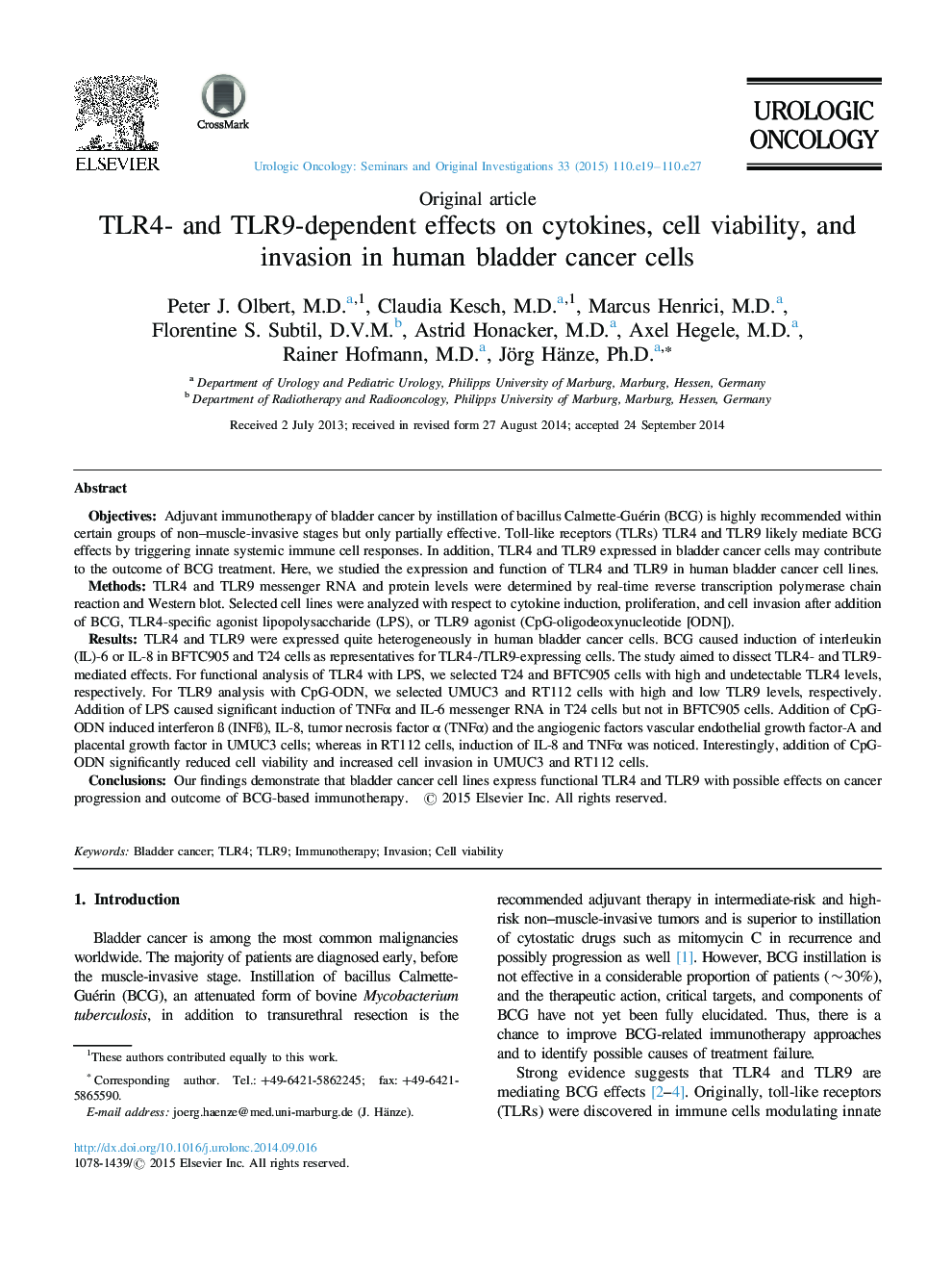 TLR4- and TLR9-dependent effects on cytokines, cell viability, and invasion in human bladder cancer cells