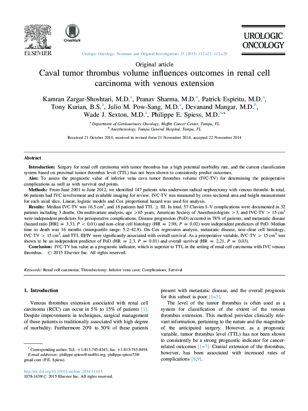 Caval tumor thrombus volume influences outcomes in renal cell carcinoma with venous extension
