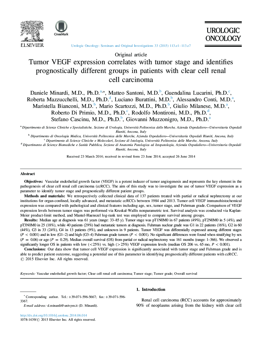 Tumor VEGF expression correlates with tumor stage and identifies prognostically different groups in patients with clear cell renal cell carcinoma