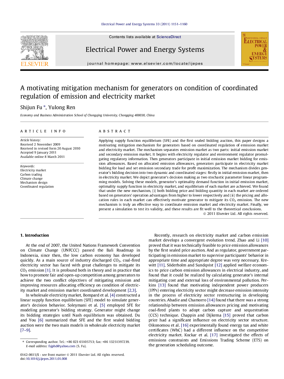 عکس صفحه اول مقاله: A motivating mitigation mechanism for generators on condition of coordinated regulation of emission and electricity market A motivating mitigation mechanism for generators on condition of coordinated regulation of emission and electricity market