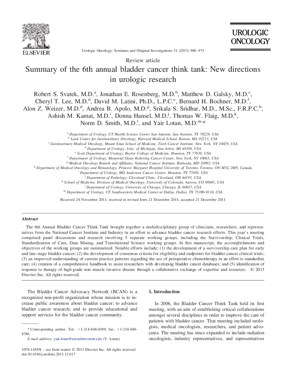 Summary of the 6th annual bladder cancer think tank: New directions in urologic research