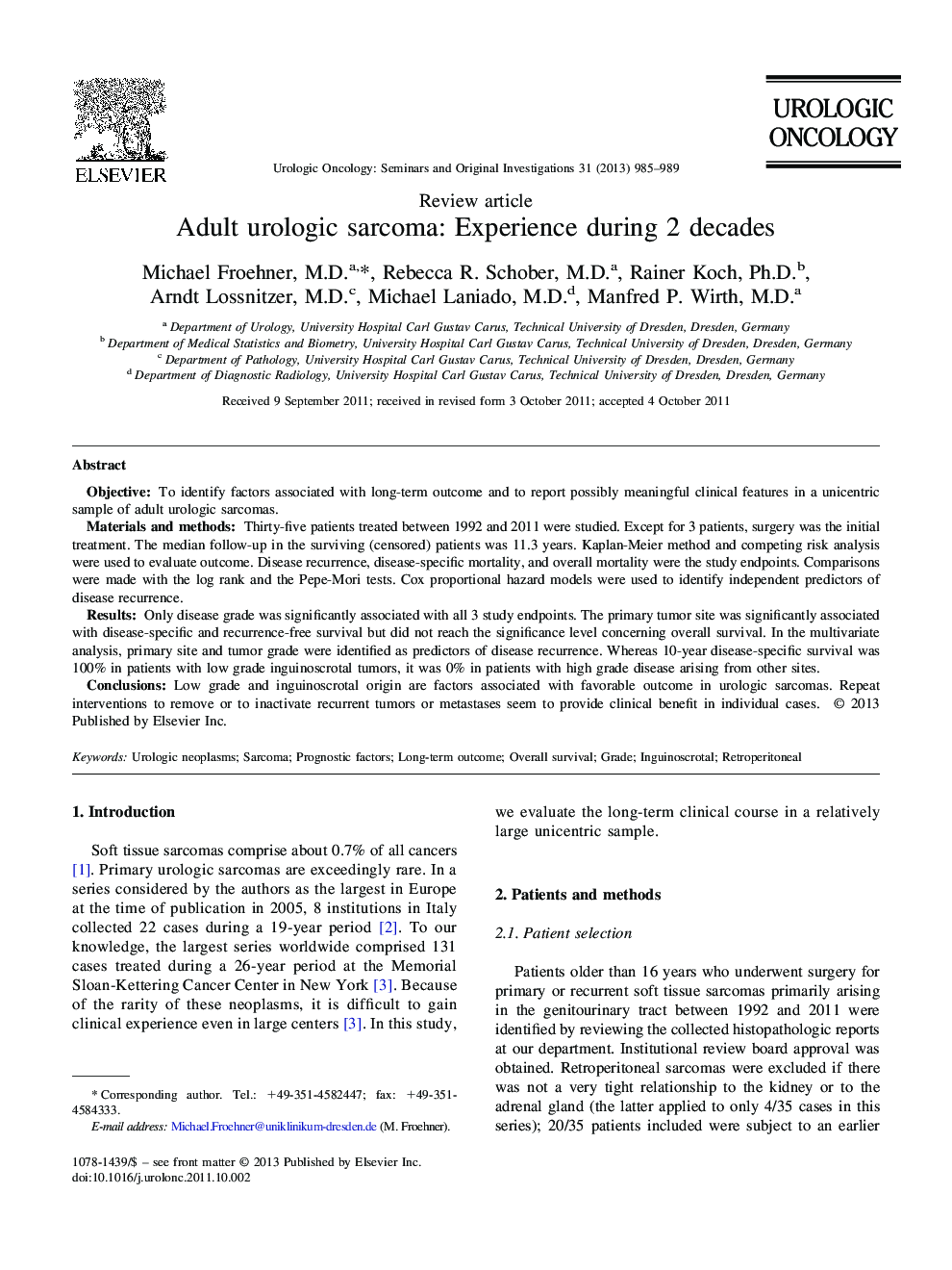 Adult urologic sarcoma: Experience during 2 decades