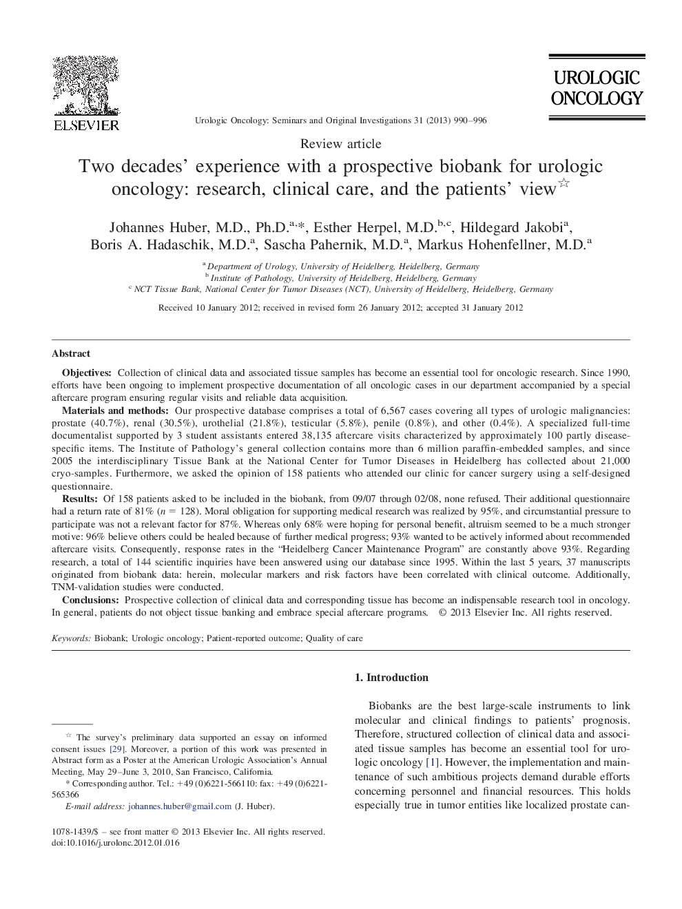 Two decades' experience with a prospective biobank for urologic oncology: research, clinical care, and the patients' view 