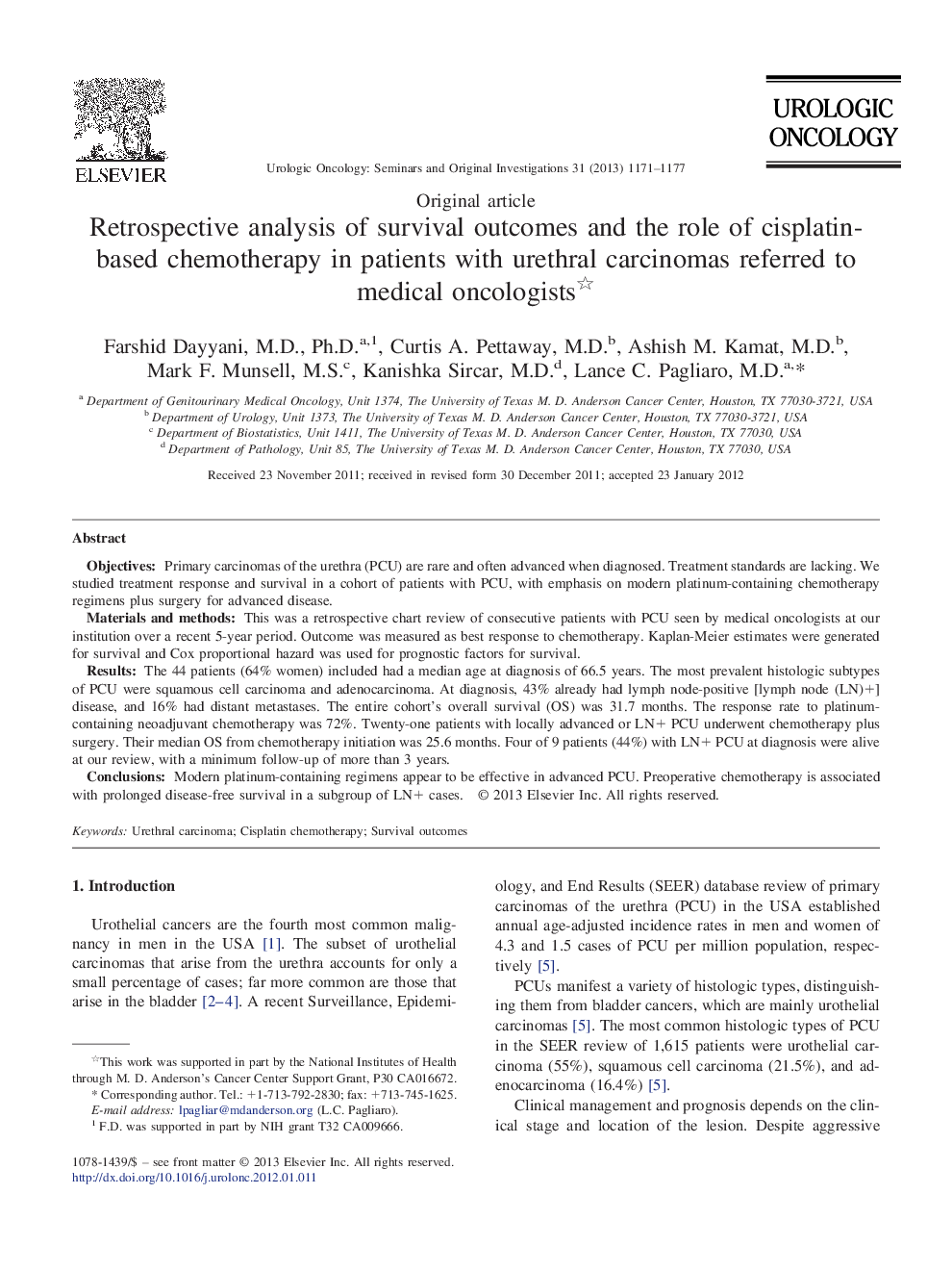 Retrospective analysis of survival outcomes and the role of cisplatin-based chemotherapy in patients with urethral carcinomas referred to medical oncologists 